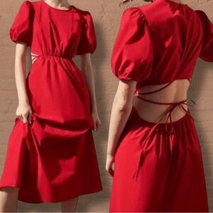 ZARA Red Cut Out Open Back Poplin Puff Sleeve Casual 100% Cotton Midi Dress